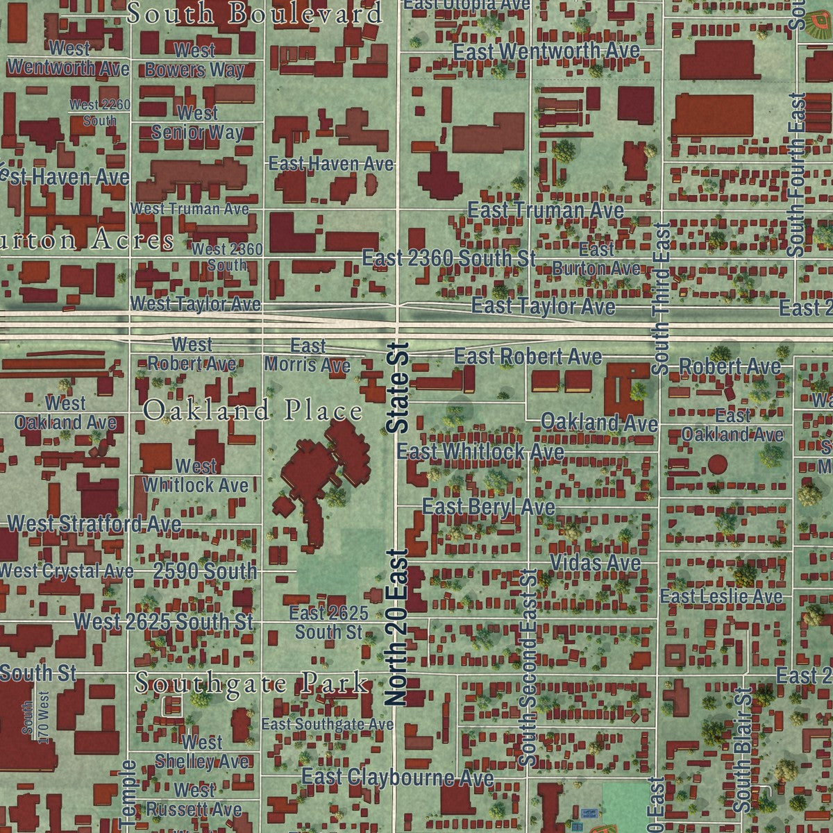 Second close-up of the map of South Salt Lake, Utah print showing more streets and buildings