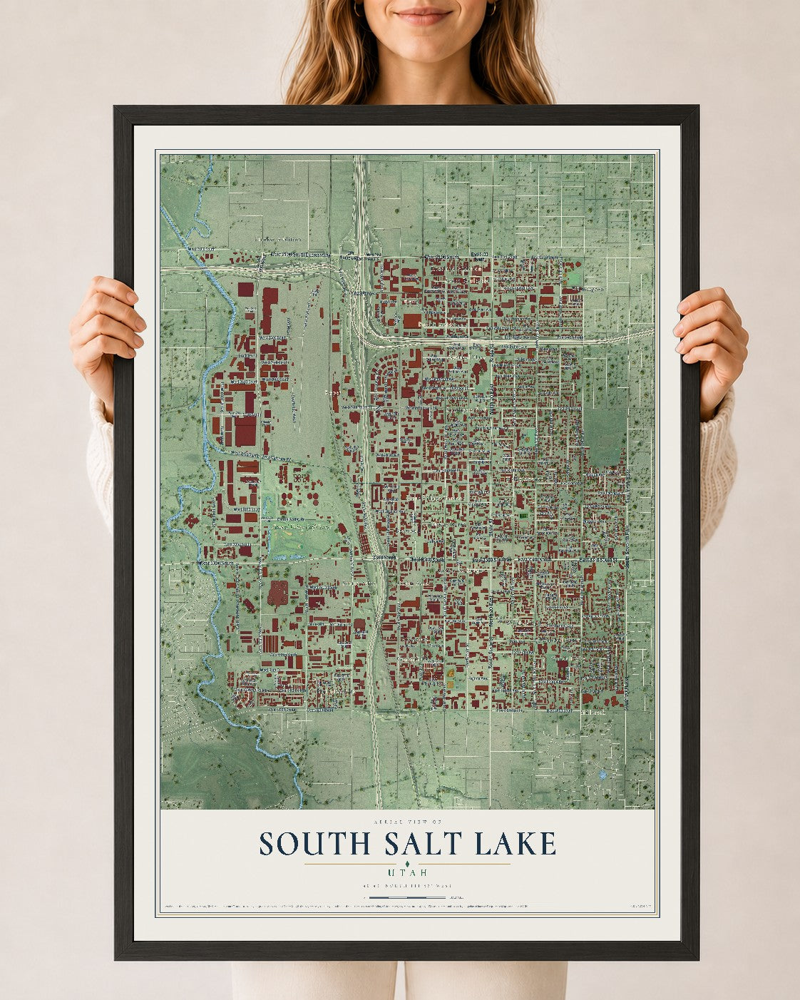 Map of South Salt Lake, Utah, 24 x 36 inch print in a black wood frame