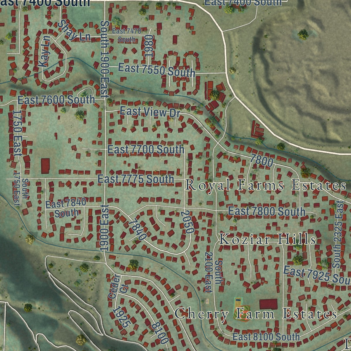 Close-up of the map of South Weber, Utah print showing street and building detail