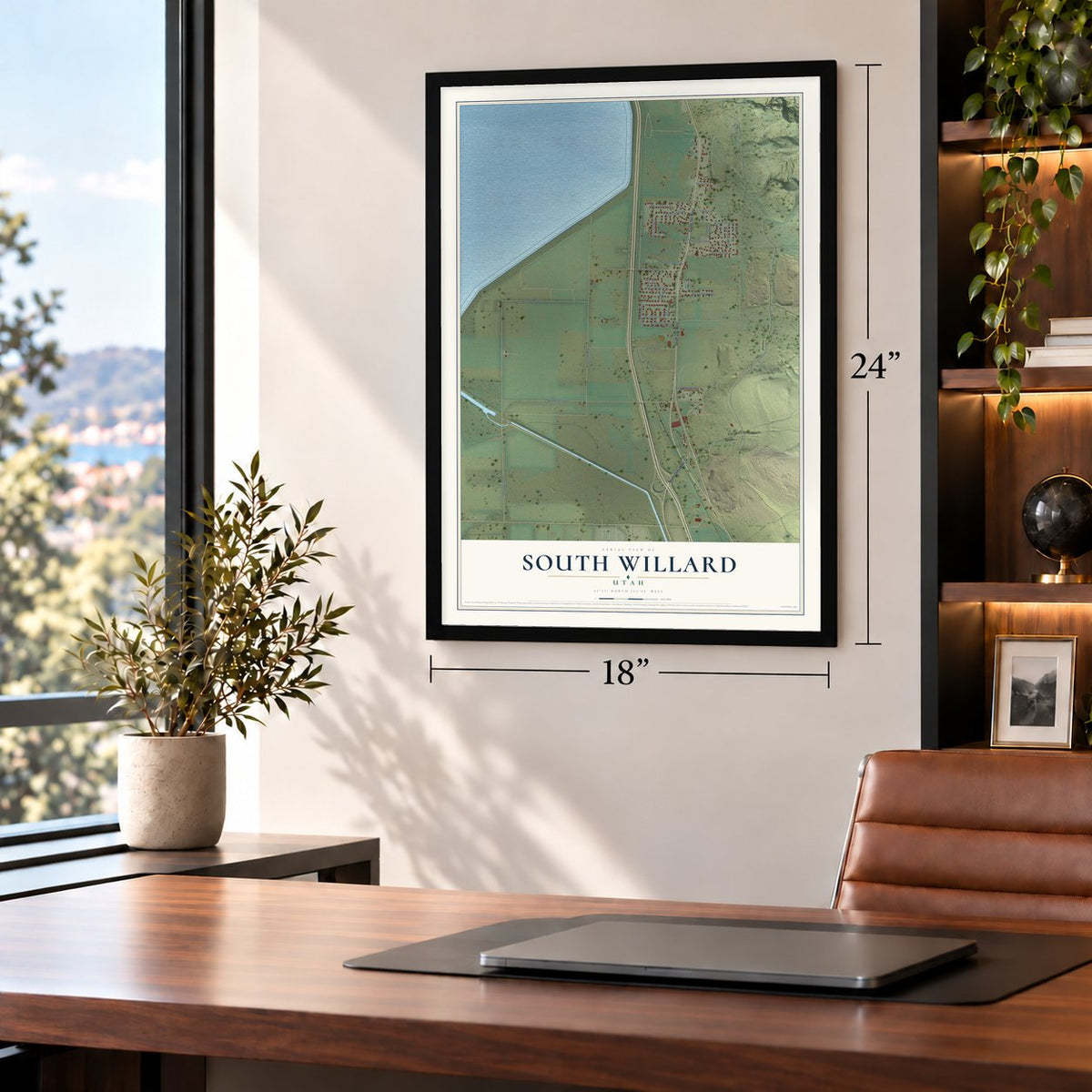 South Willard, Utah map, 18 x 24 inch print in a black frame in a home office