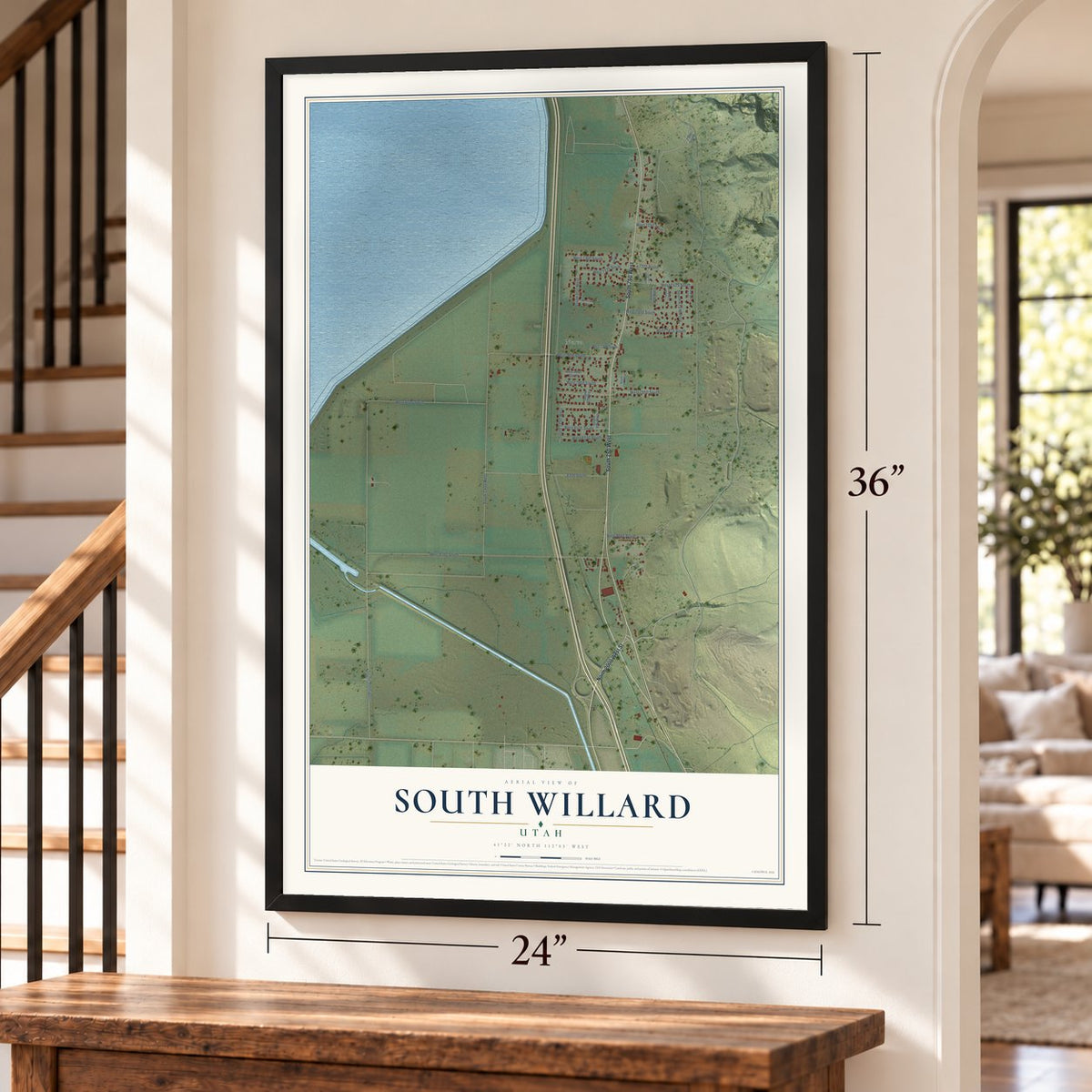 South Willard, Utah map, 24 x 36 inch print in a black frame by a staircase