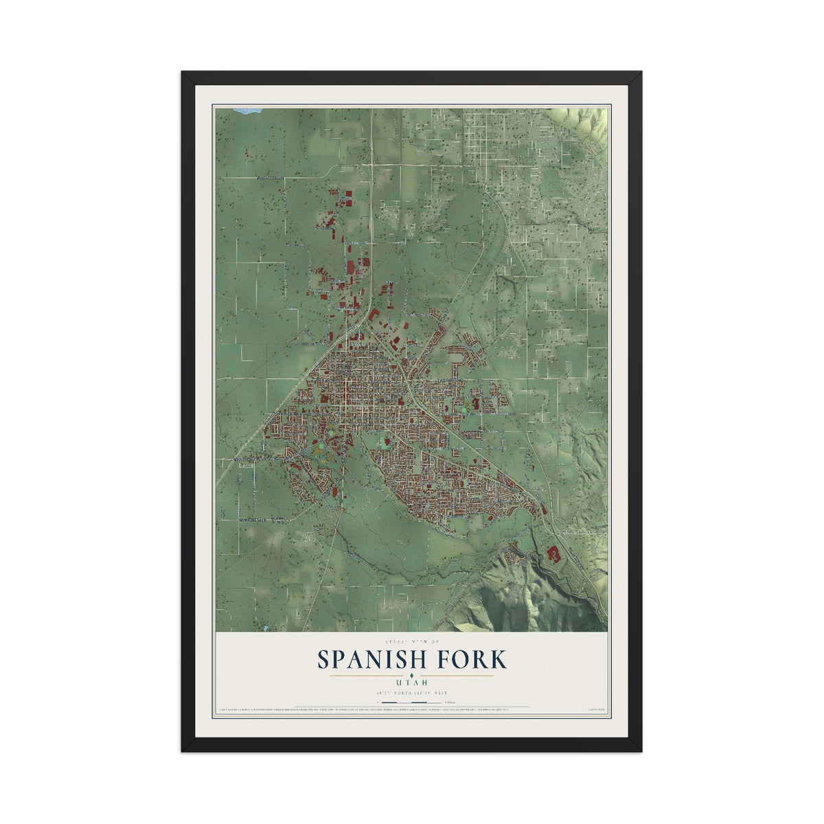 Map of Spanish Fork, Utah, 12 x 18 inch print in a black wood frame