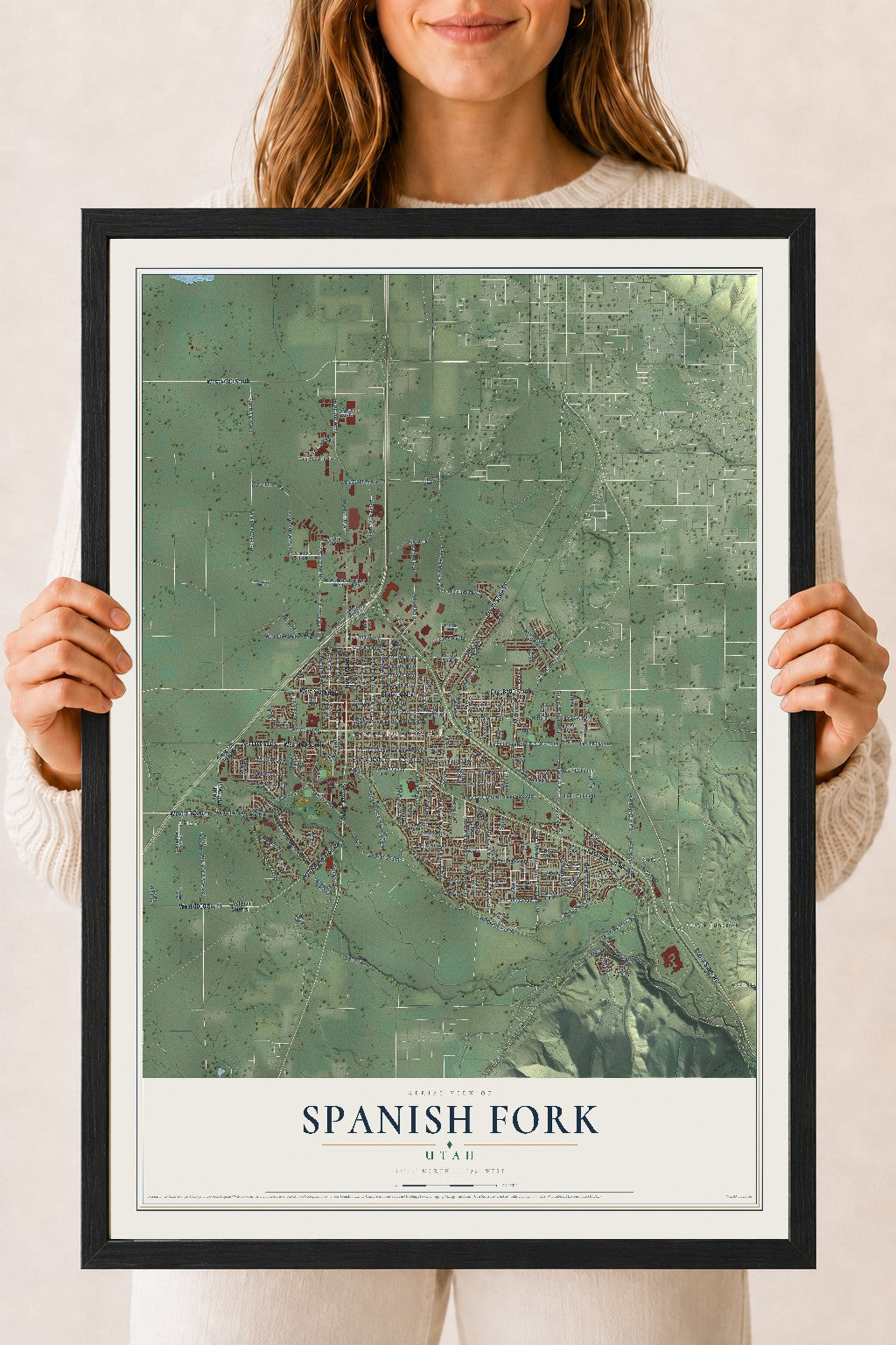 Map of Spanish Fork, Utah, 18 x 24 inch print in a black wood frame