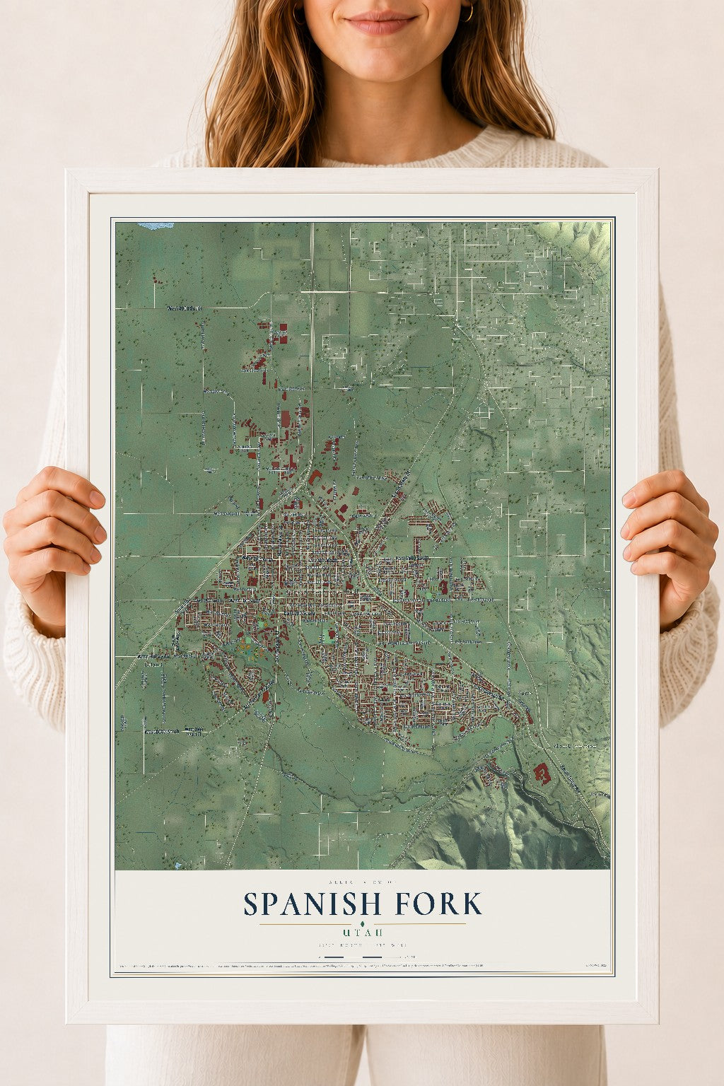 Map of Spanish Fork, Utah, 18 x 24 inch print in a white wood frame