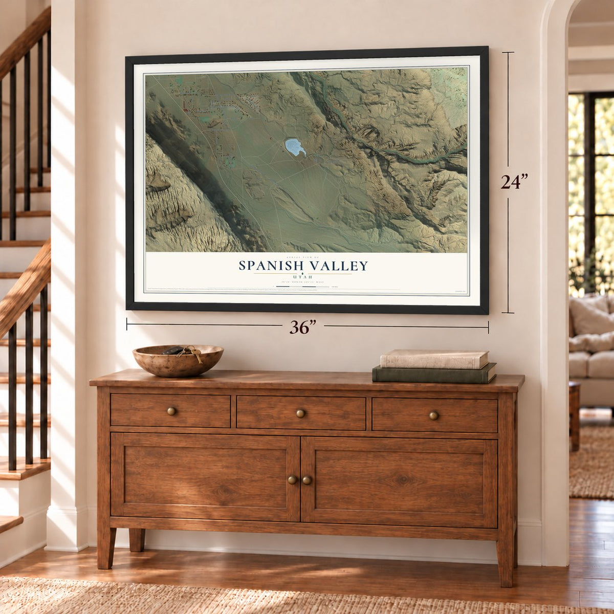 Spanish Valley, Utah map, 24 x 36 inch print in a black frame above a dresser by a staircase