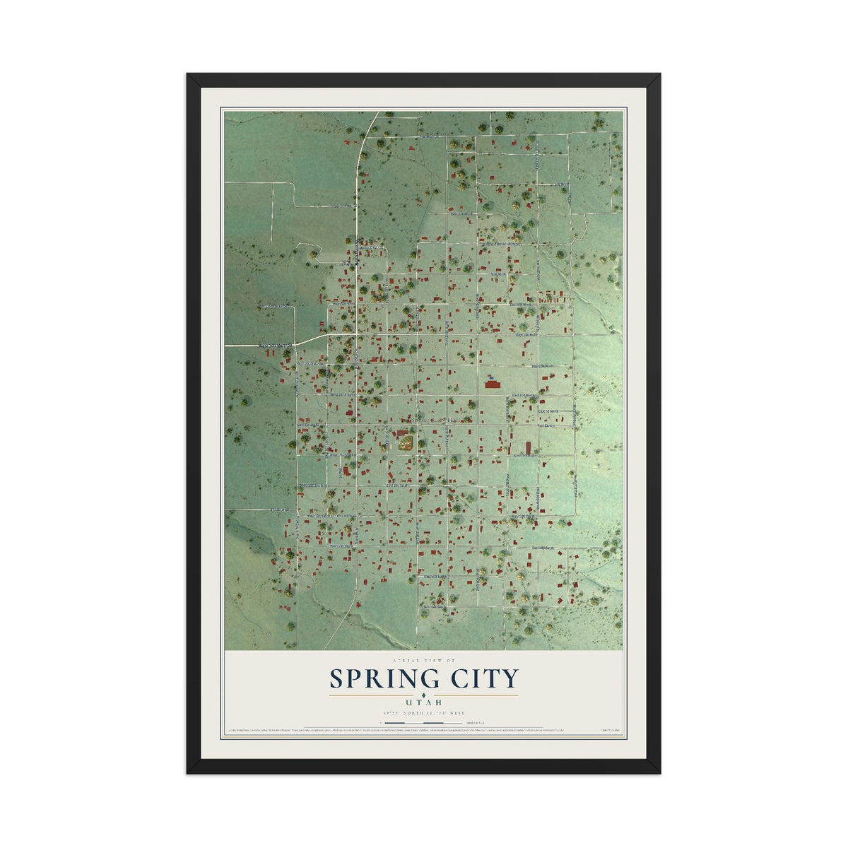 Map of Spring City, Utah, 12 x 18 inch print in a black wood frame