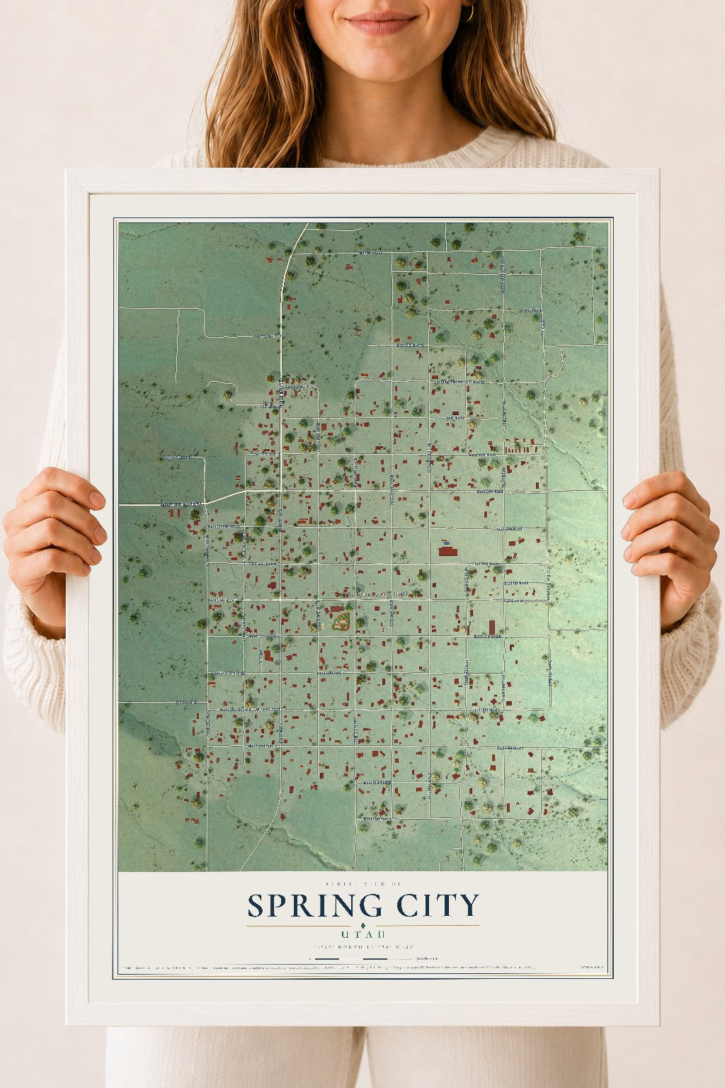 Map of Spring City, Utah, 18 x 24 inch print in a white wood frame