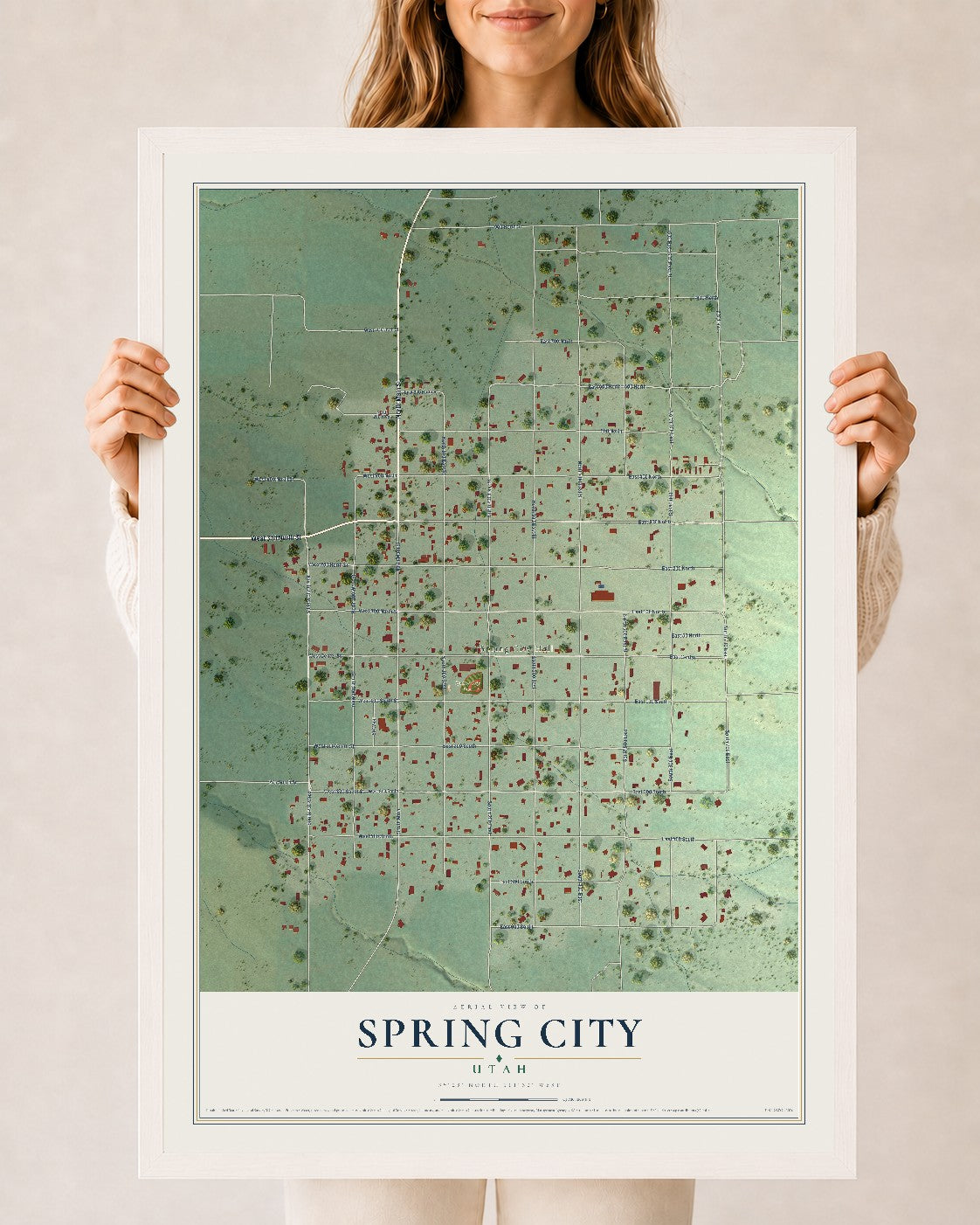 Map of Spring City, Utah, 24 x 36 inch print in a white wood frame