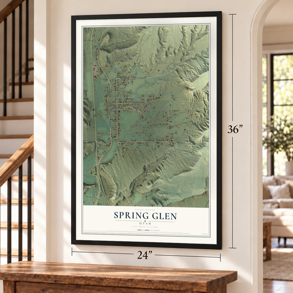 Spring Glen, Utah map, 24 x 36 inch print in a black frame by a staircase