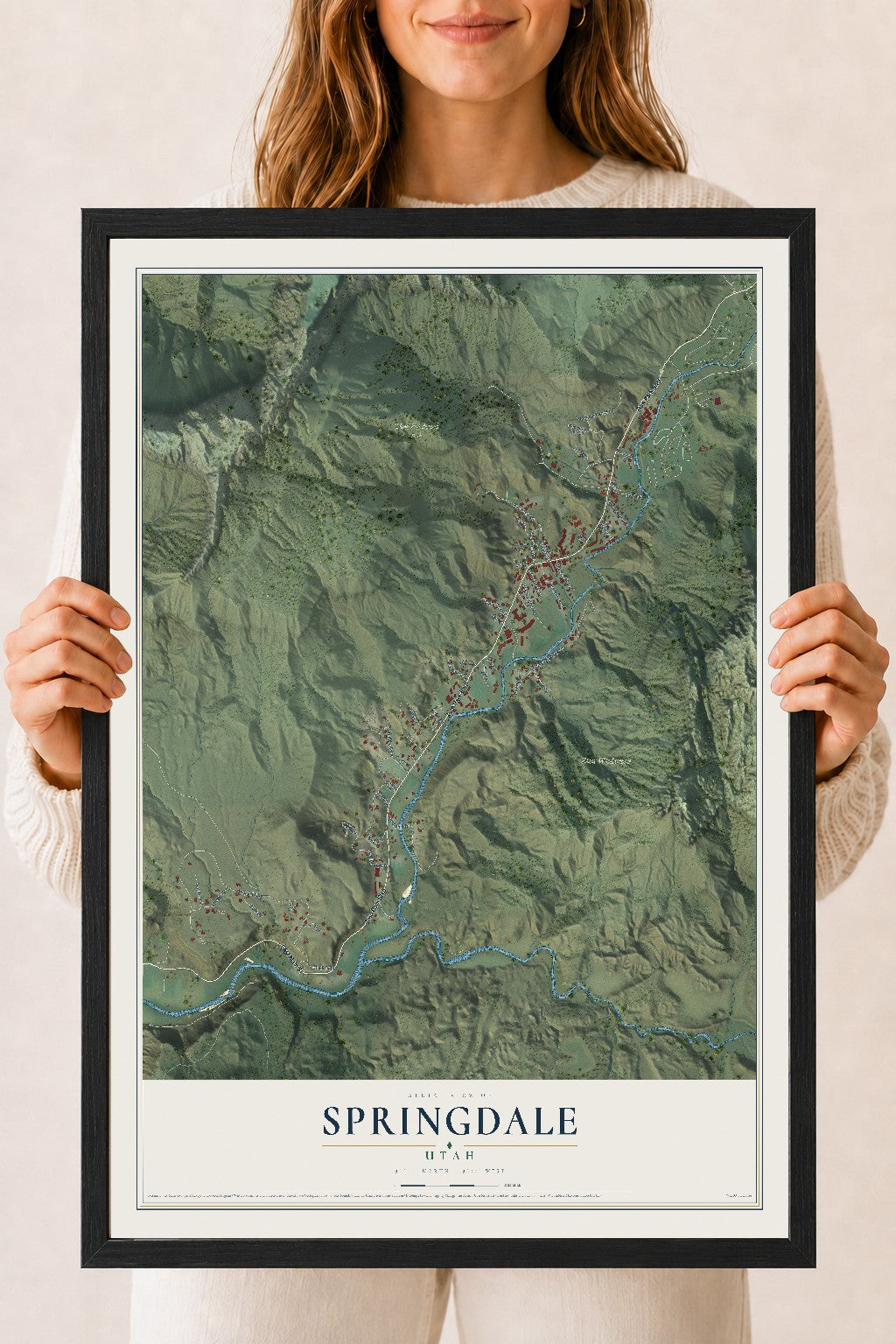 Map of Springdale, Utah, 18 x 24 inch print in a black wood frame