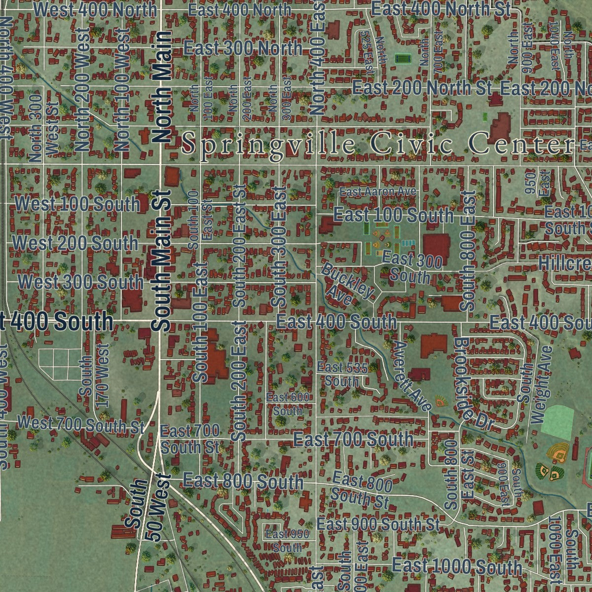 Close-up of the map of Springville, Utah print showing street and building detail