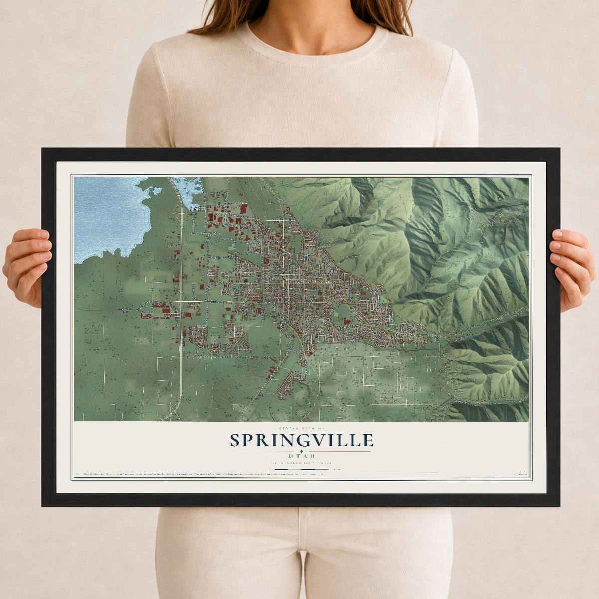 Map of Springville, Utah, 12 x 18 inch print in a black wood frame