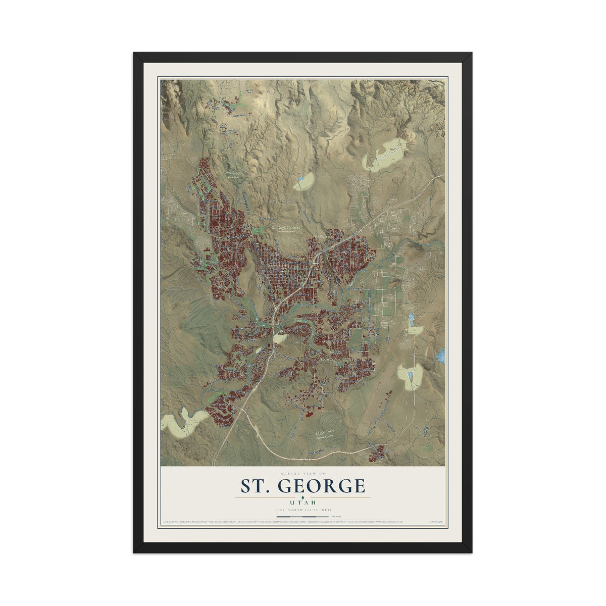 Map of St. George, Utah, 12 x 18 inch print in a black wood frame