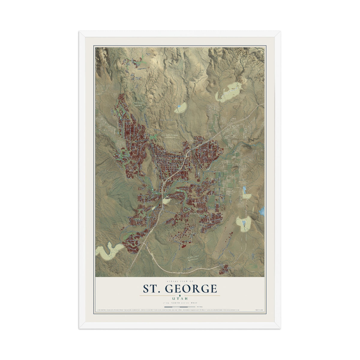 Map of St. George, Utah, 12 x 18 inch print in a white wood frame