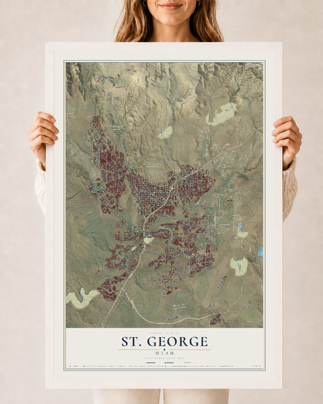 Map of St. George, Utah, 24 x 36 inch print in a white wood frame