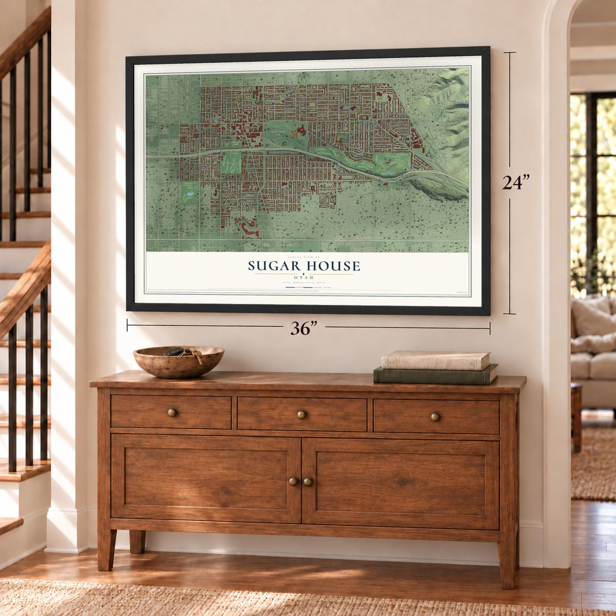 Sugar House, Utah map, 24 x 36 inch print in a black frame above a dresser by a staircase