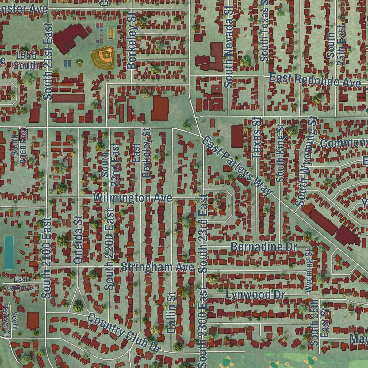 Close-up of the map of Sugar House, Utah print showing street and building detail