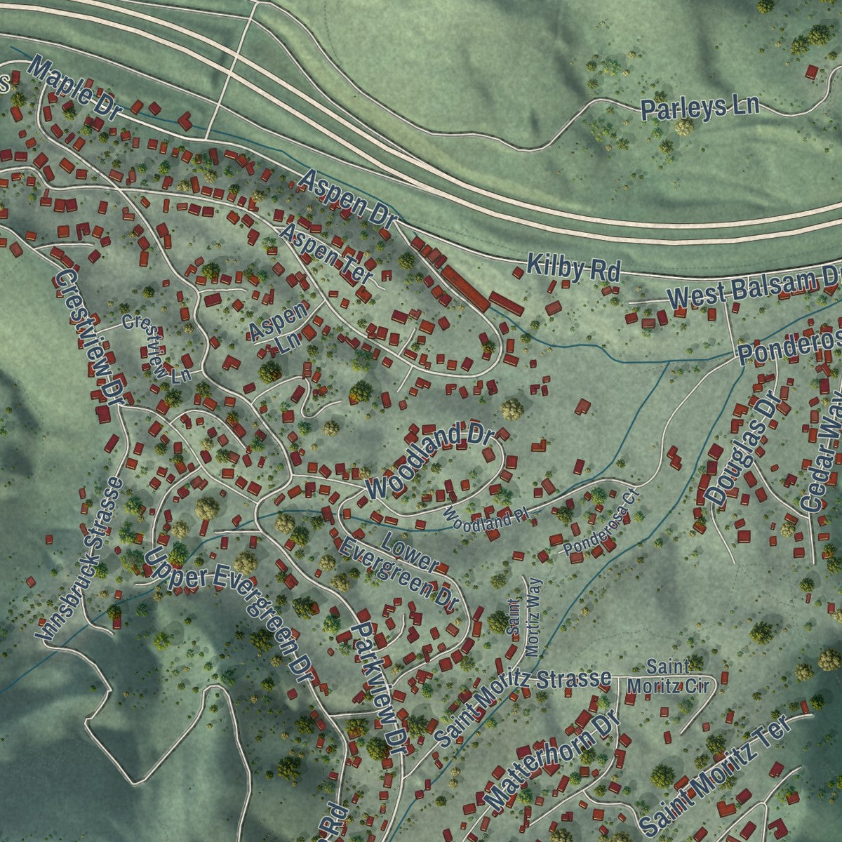 Close-up of the map of Summit Park, Utah print showing street and building detail