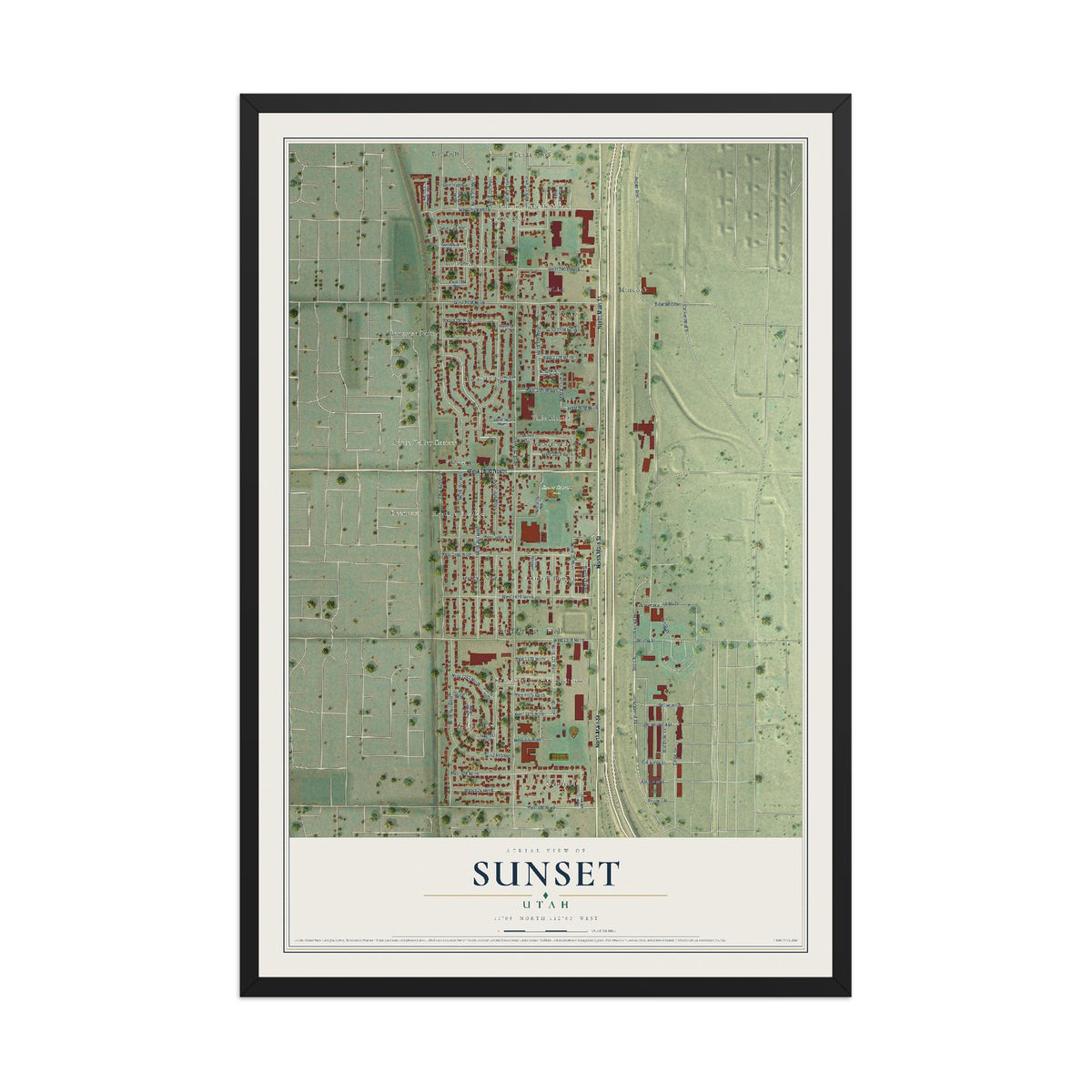 Map of Sunset, Utah, 12 x 18 inch print in a black wood frame