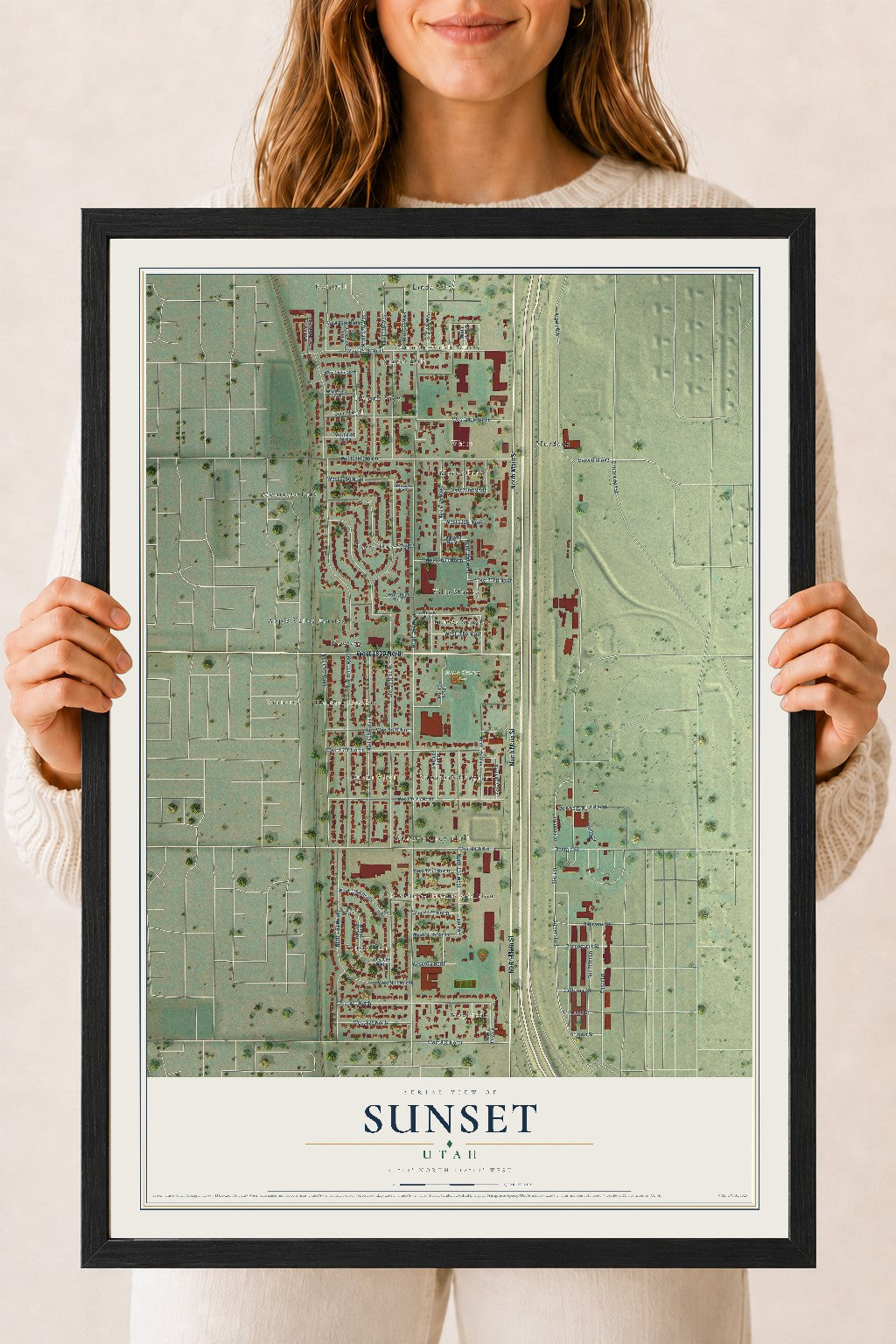 Map of Sunset, Utah, 18 x 24 inch print in a black wood frame