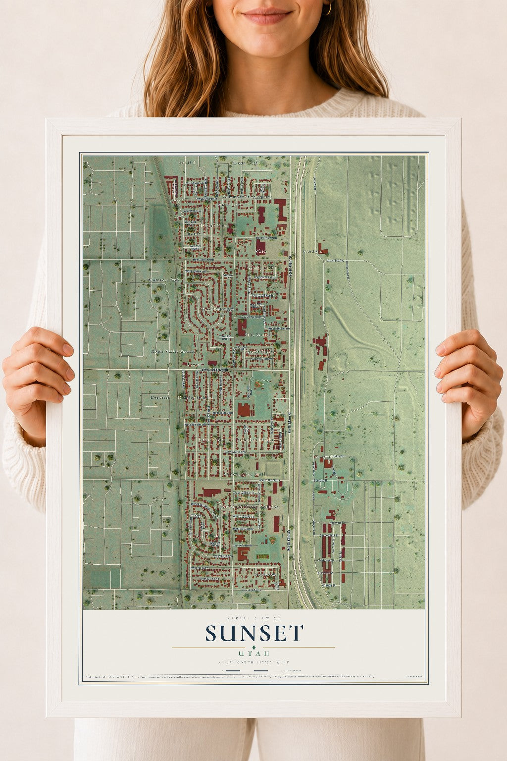 Map of Sunset, Utah, 18 x 24 inch print in a white wood frame