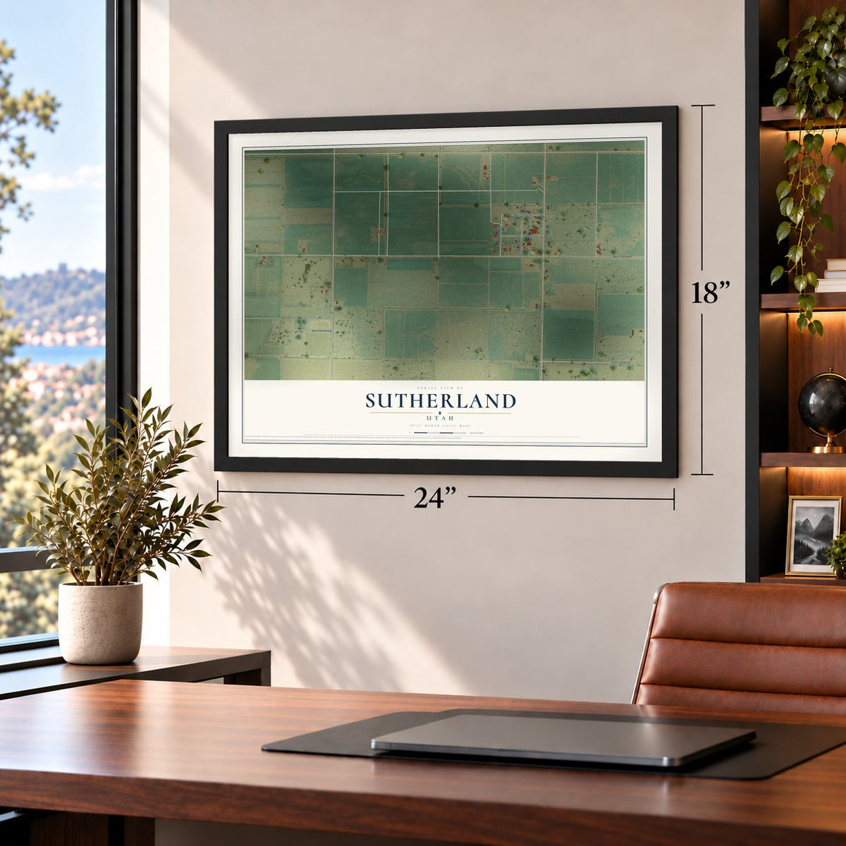 Sutherland, Utah map, 18 x 24 inch print in a black frame in a home office