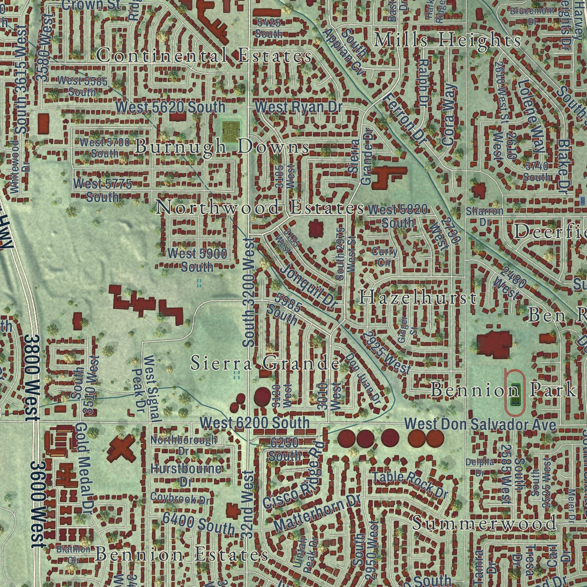 Close-up of the map of Taylorsville, Utah print showing street and building detail