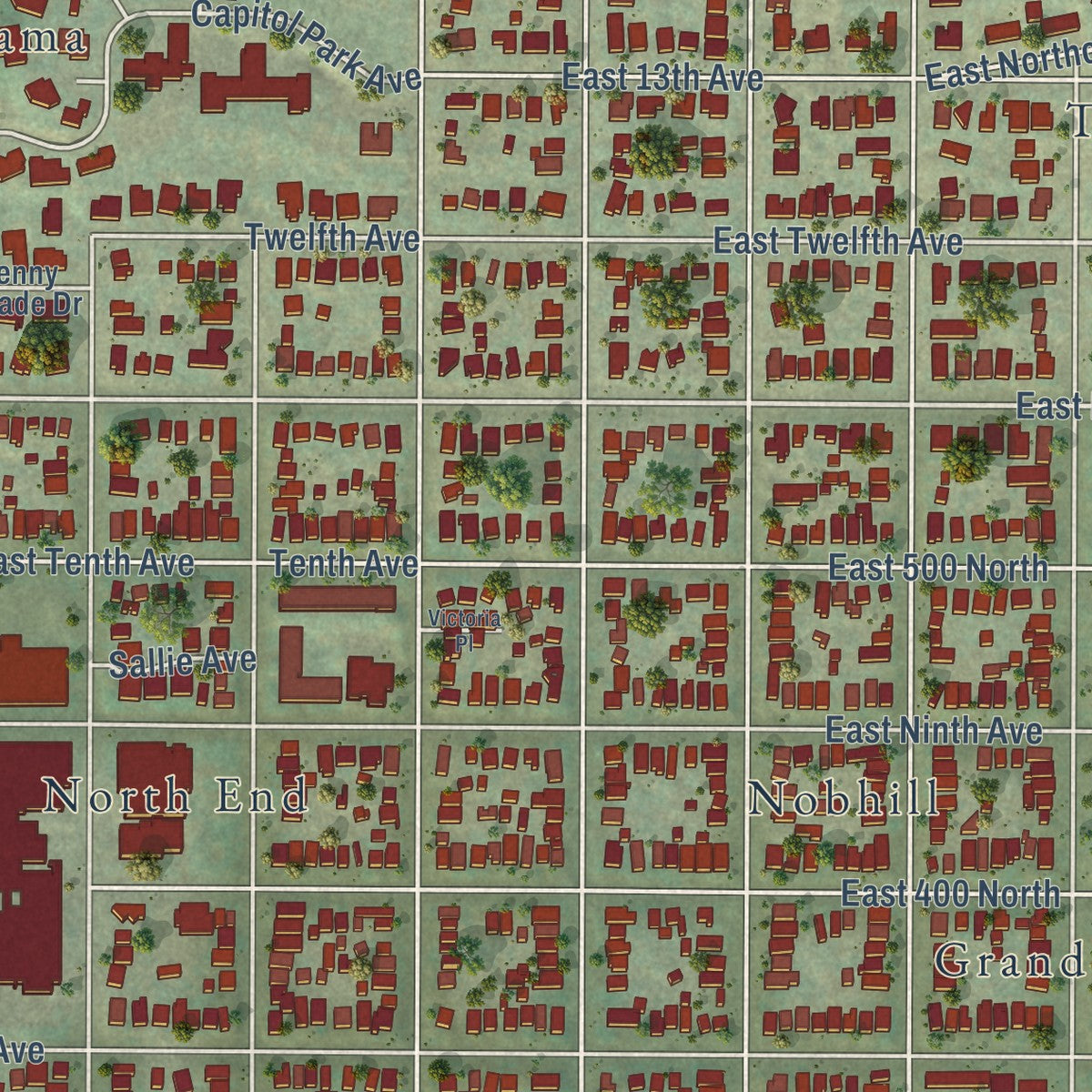 Close-up of the map of The Avenues, Utah print showing street and building detail