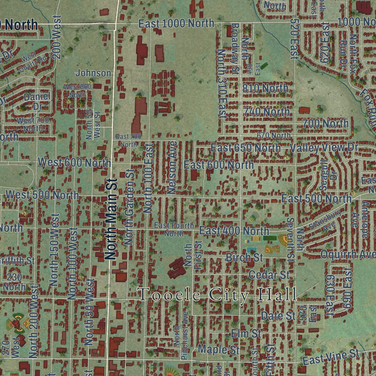 Close-up of the map of Tooele, Utah print showing street and building detail