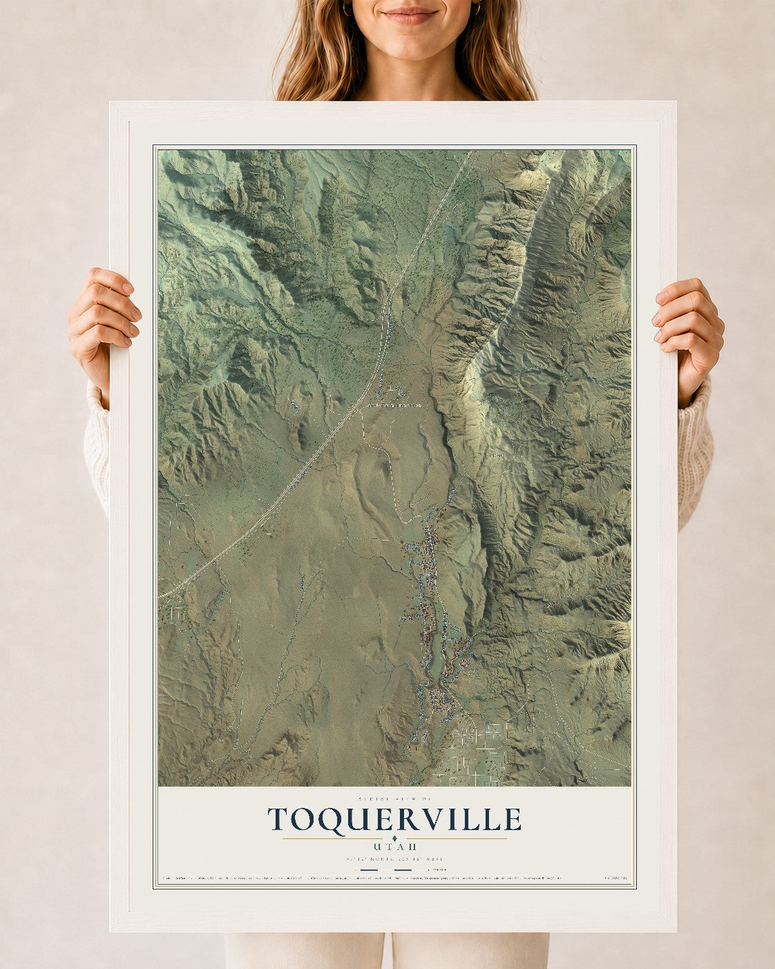 Map of Toquerville, Utah, 24 x 36 inch print in a white wood frame
