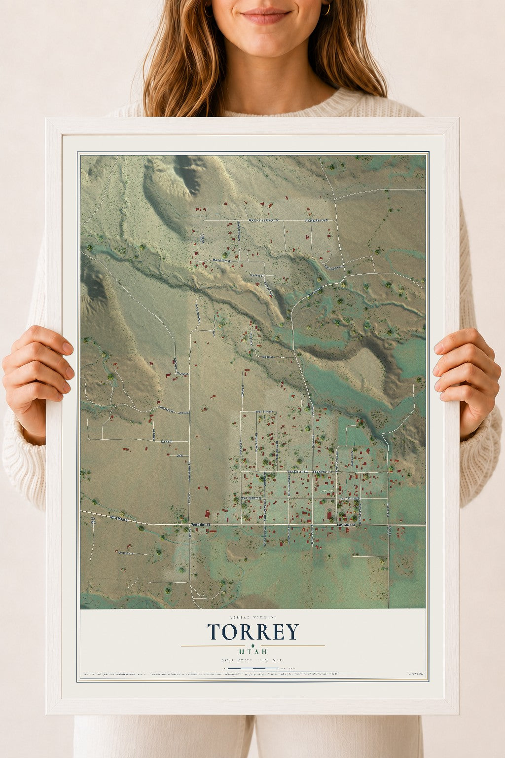 Map of Torrey, Utah, 18 x 24 inch print in a white wood frame