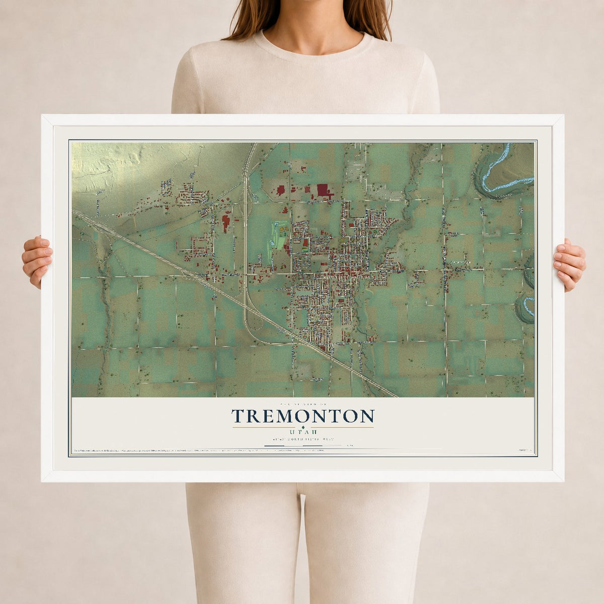 Map of Tremonton, Utah, 24 x 36 inch print in a white wood frame