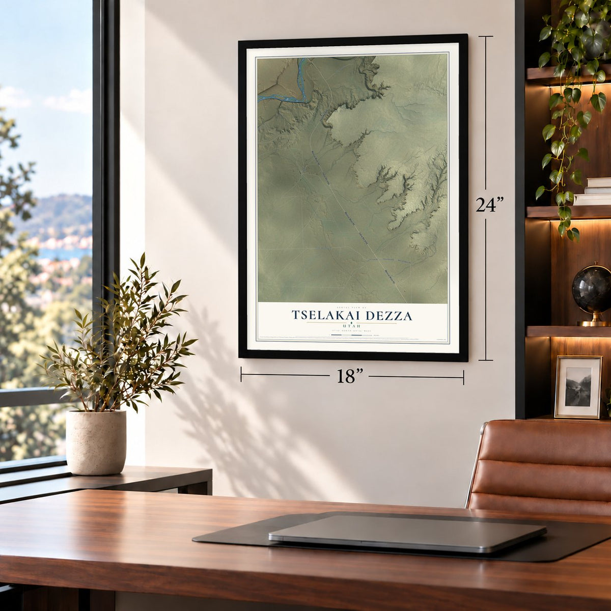 Tselakai Dezza, Utah map, 18 x 24 inch print in a black frame in a home office