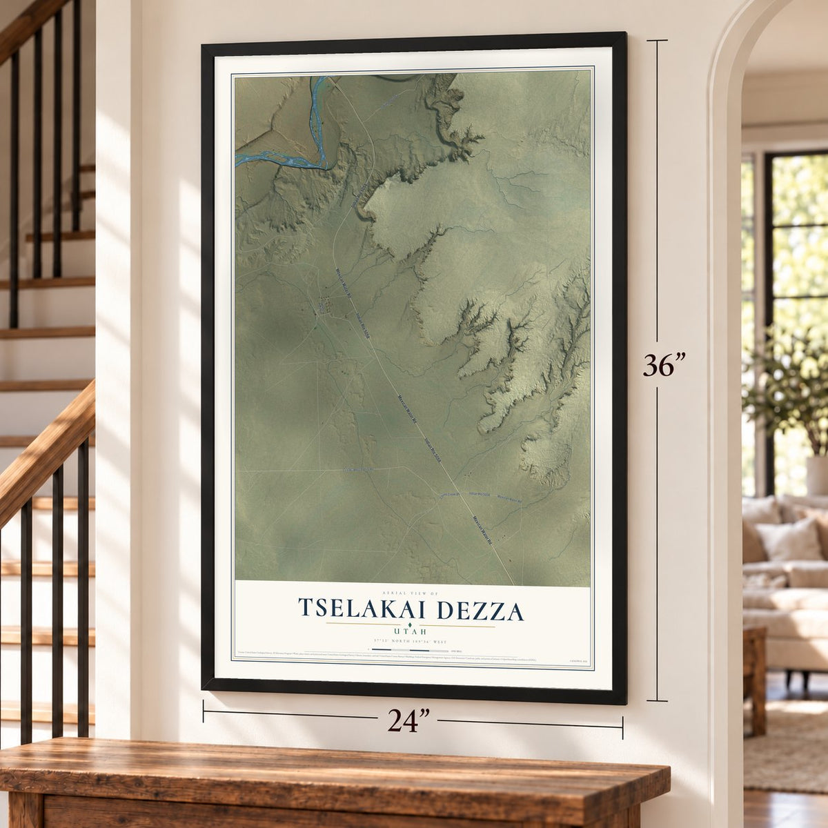 Tselakai Dezza, Utah map, 24 x 36 inch print in a black frame by a staircase