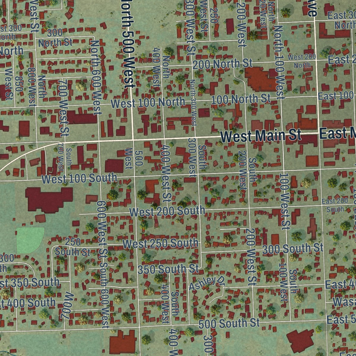 Close-up of the map of Vernal, Utah print showing street and building detail