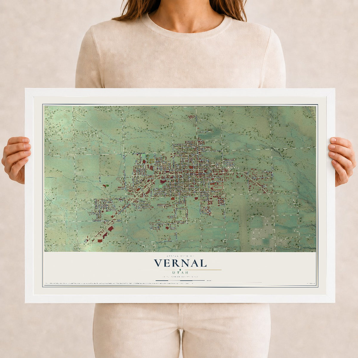 Map of Vernal, Utah, 12 x 18 inch print in a white wood frame