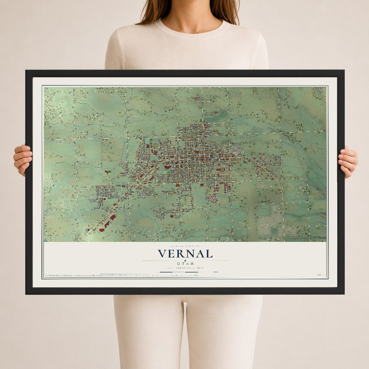 Map of Vernal, Utah, 24 x 36 inch print in a black wood frame