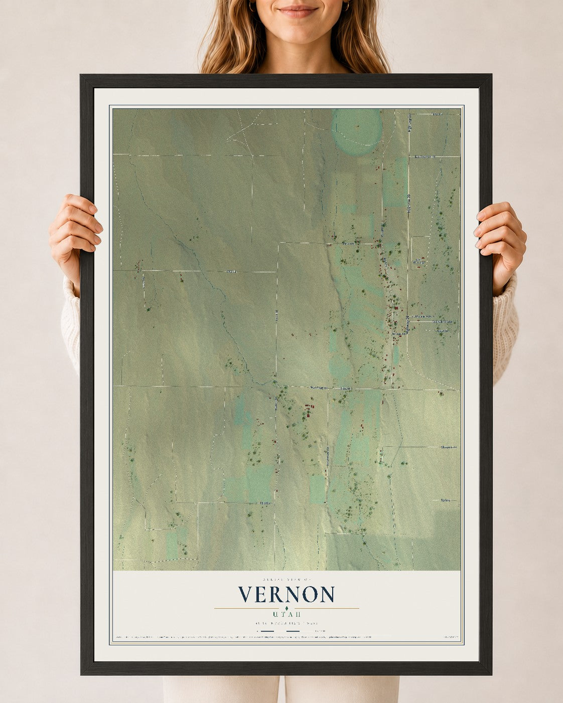 Map of Vernon, Utah, 24 x 36 inch print in a black wood frame