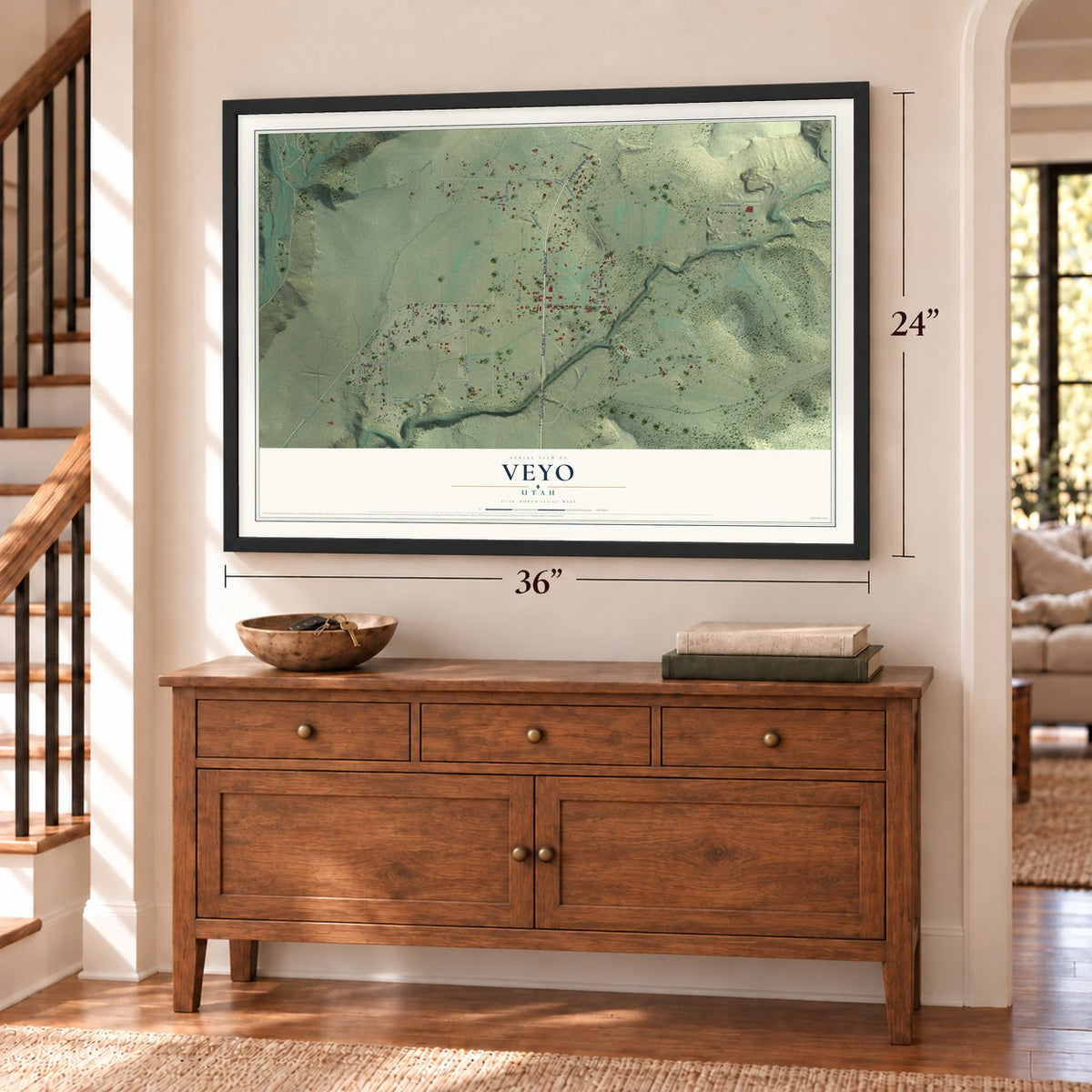 Veyo, Utah map, 24 x 36 inch print in a black frame above a dresser by a staircase