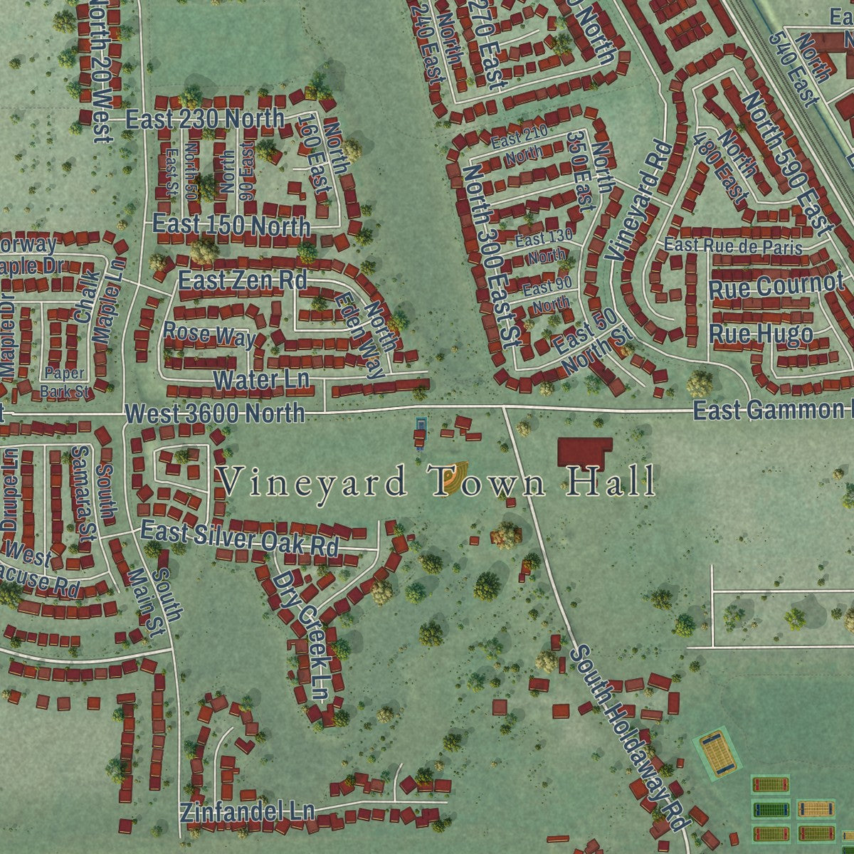 Close-up of the map of Vineyard, Utah print showing street and building detail