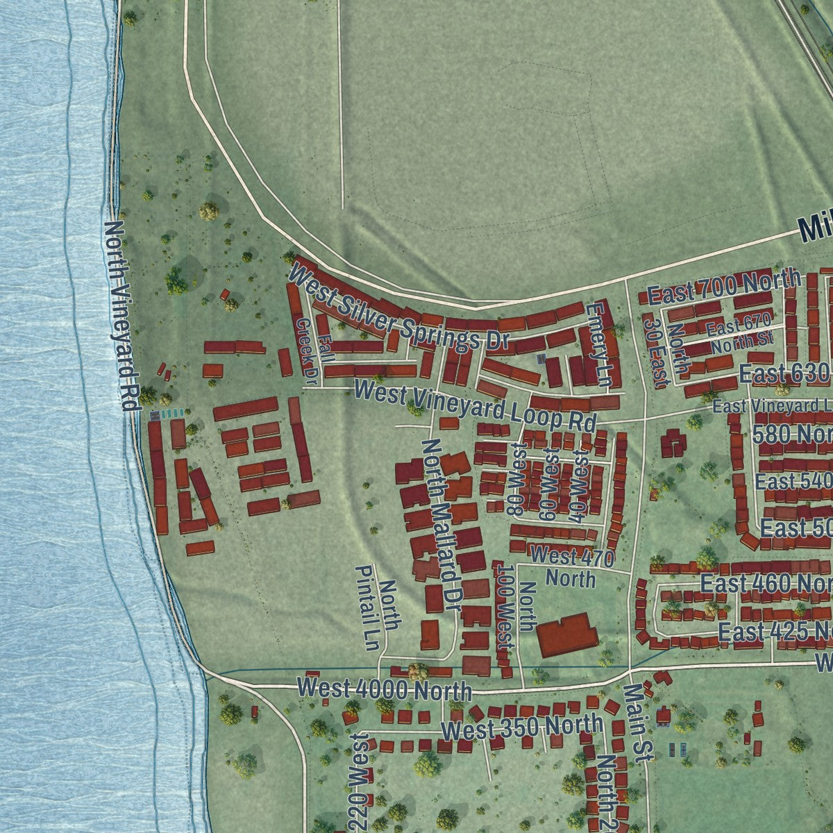 Second close-up of the map of Vineyard, Utah print showing more streets and buildings