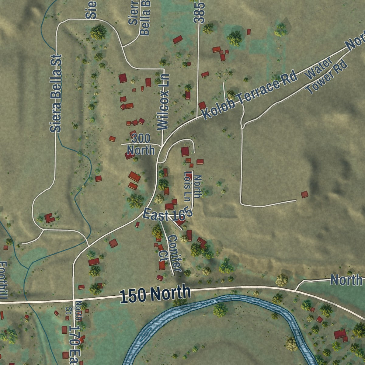 Close-up of the map of Virgin, Utah print showing street and building detail