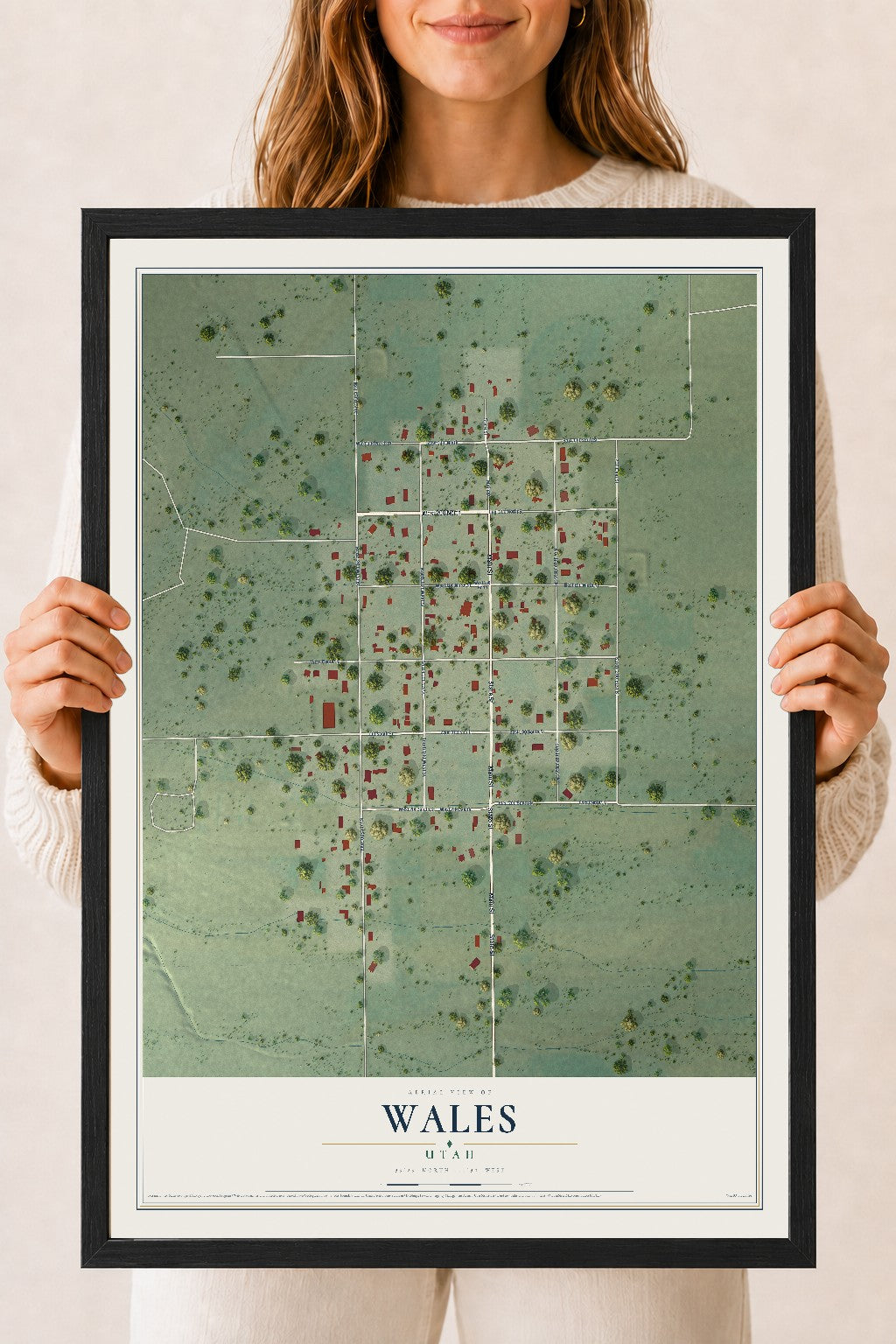 Map of Wales, Utah, 18 x 24 inch print in a black wood frame
