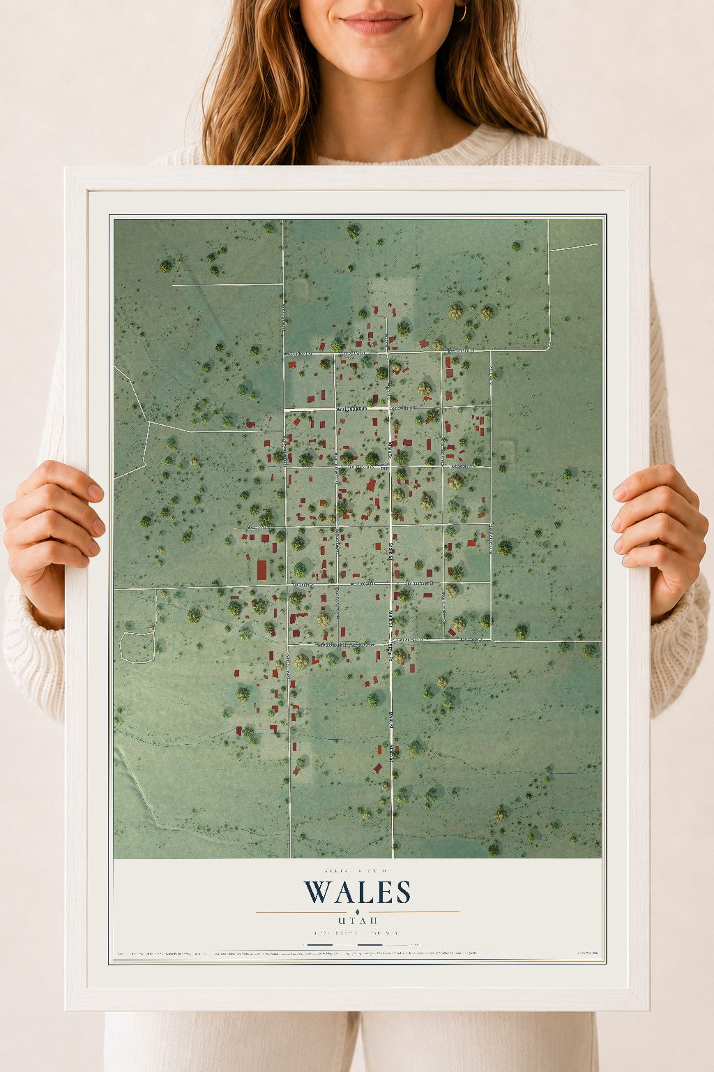 Map of Wales, Utah, 18 x 24 inch print in a white wood frame