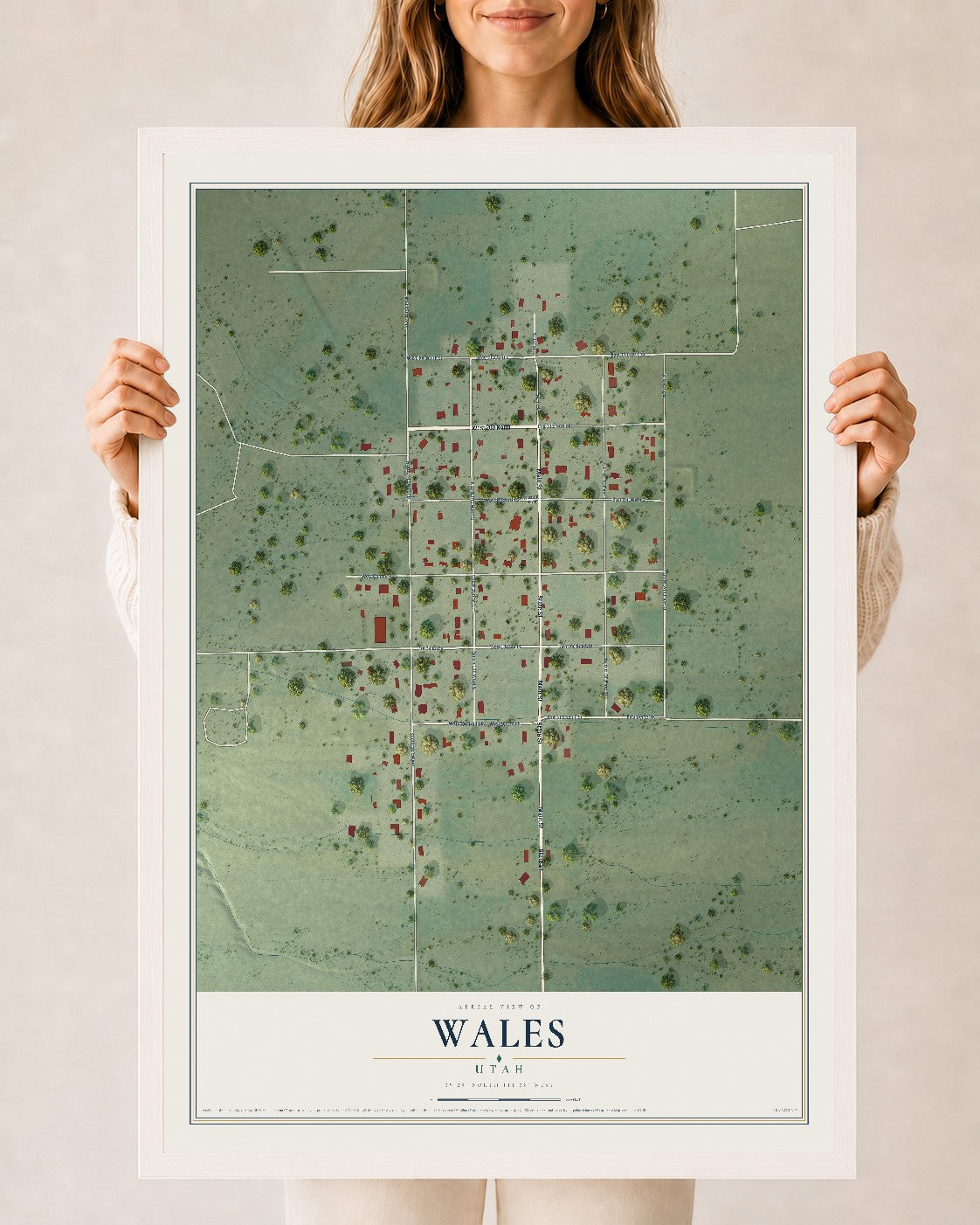 Map of Wales, Utah, 24 x 36 inch print in a white wood frame