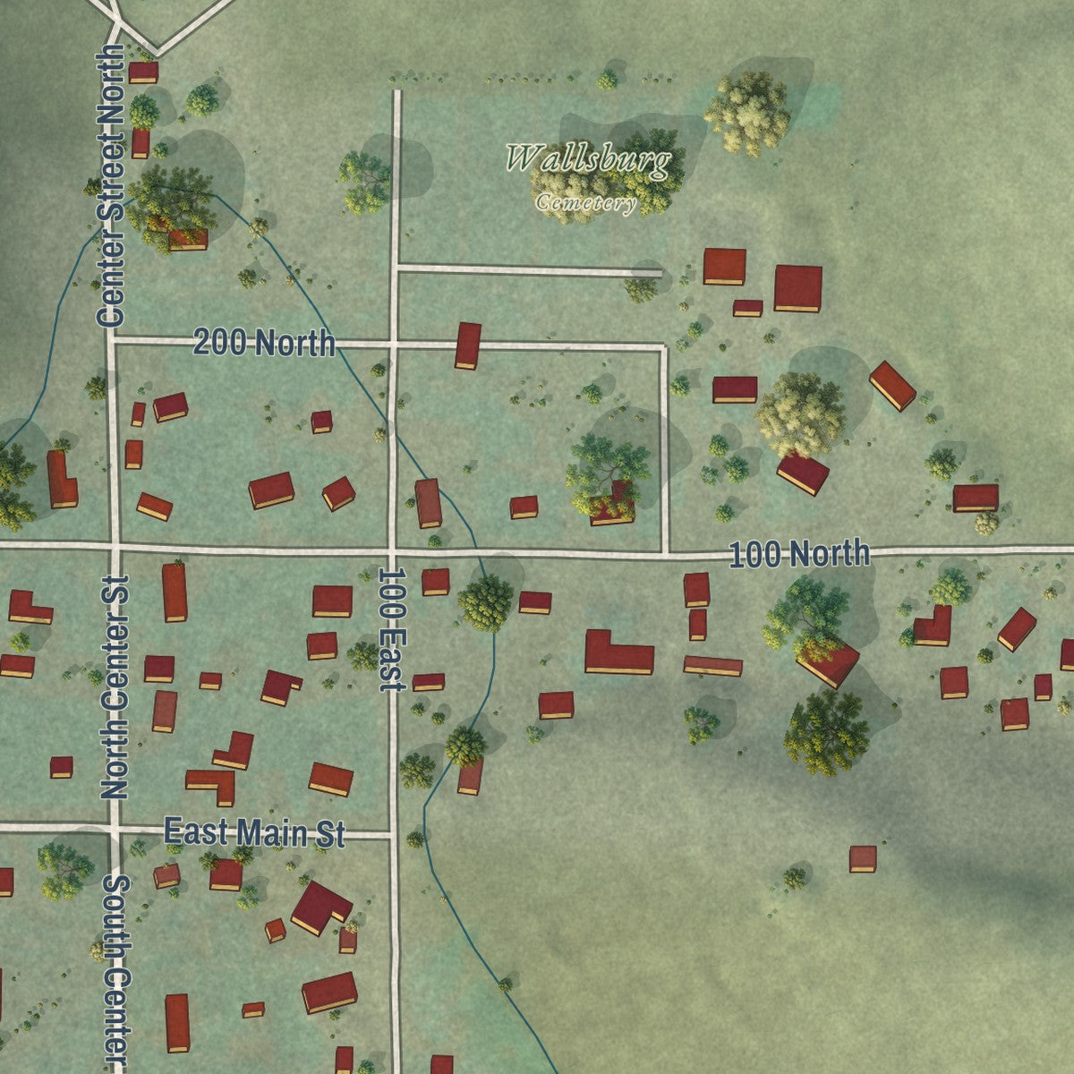 Close-up of the map of Wallsburg, Utah print showing street and building detail