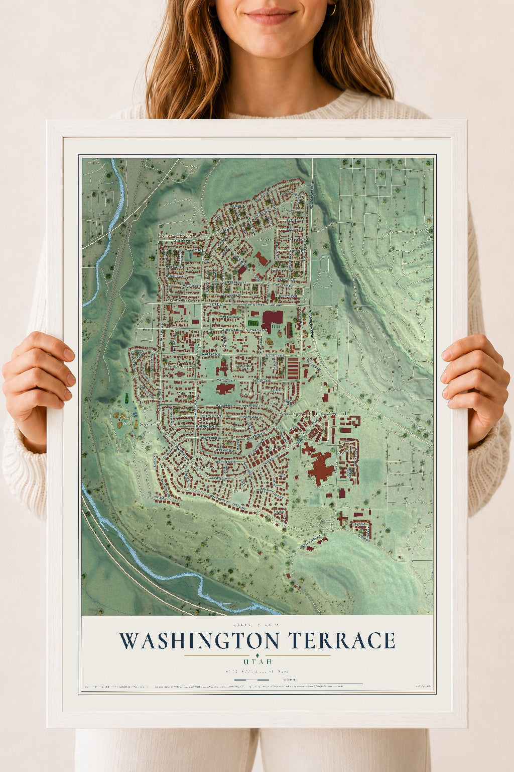 Map of Washington Terrace, Utah, 18 x 24 inch print in a white wood frame