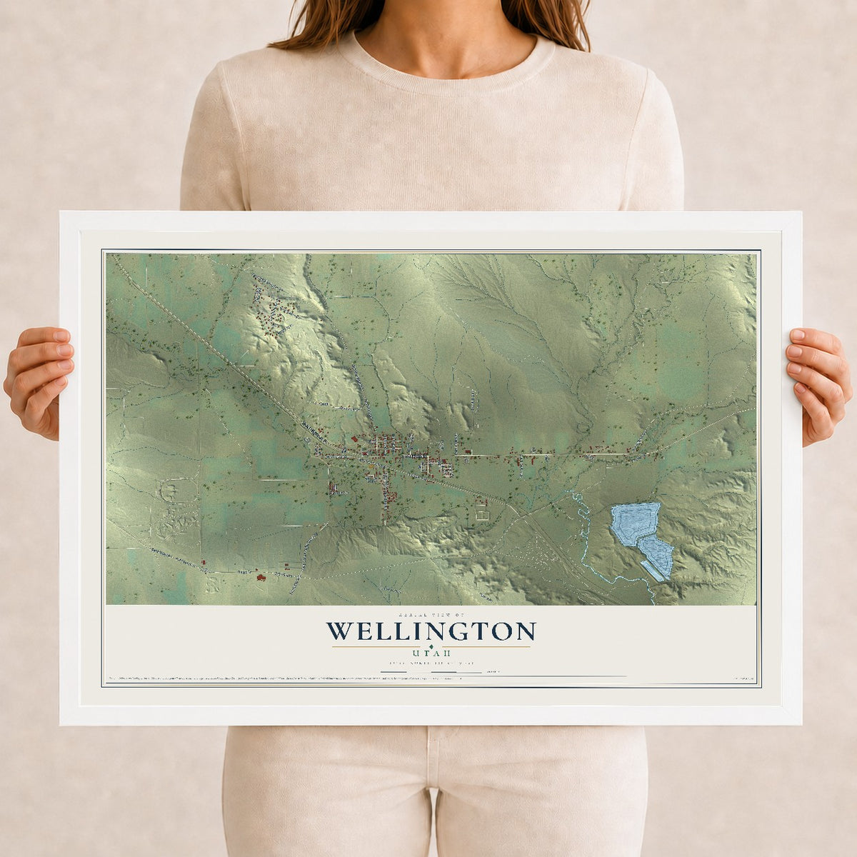 Map of Wellington, Utah, 12 x 18 inch print in a white wood frame