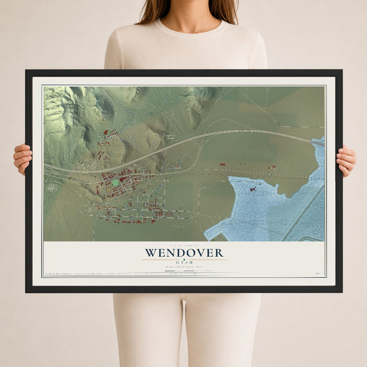 Map of Wendover, Utah, 24 x 36 inch print in a black wood frame