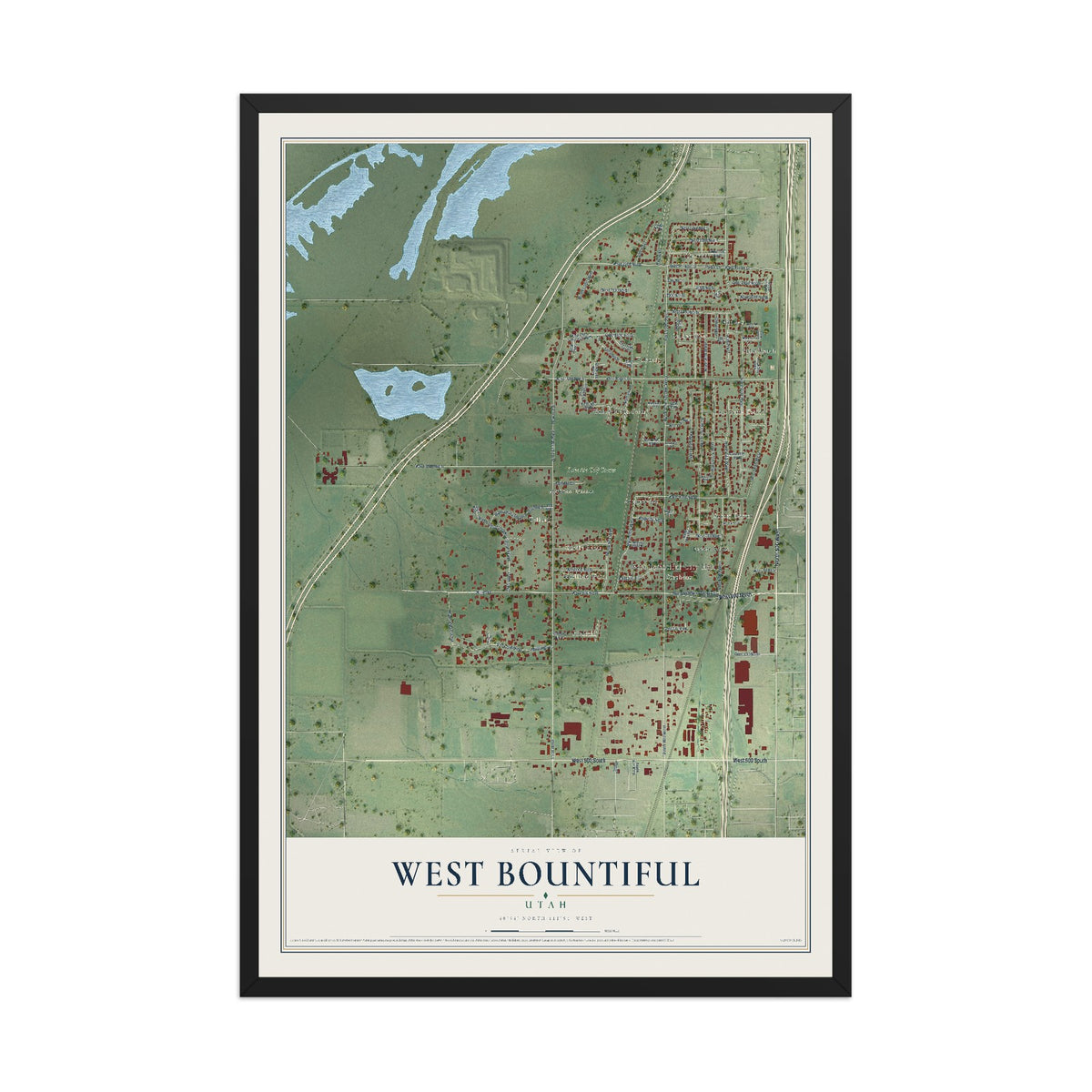 Map of West Bountiful, Utah, 12 x 18 inch print in a black wood frame